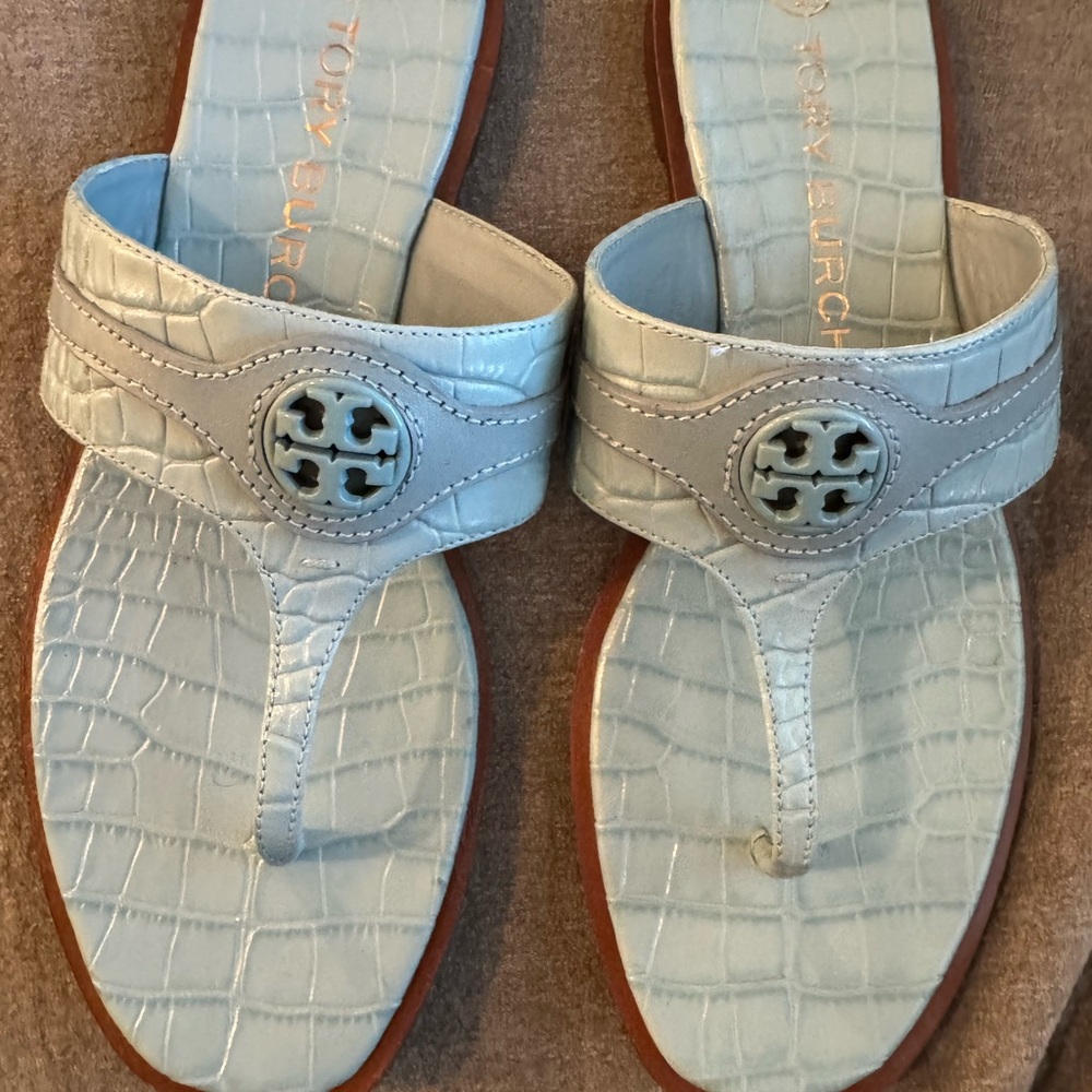 Tory Burch Blue Leather Sandals with Logo Medallion
